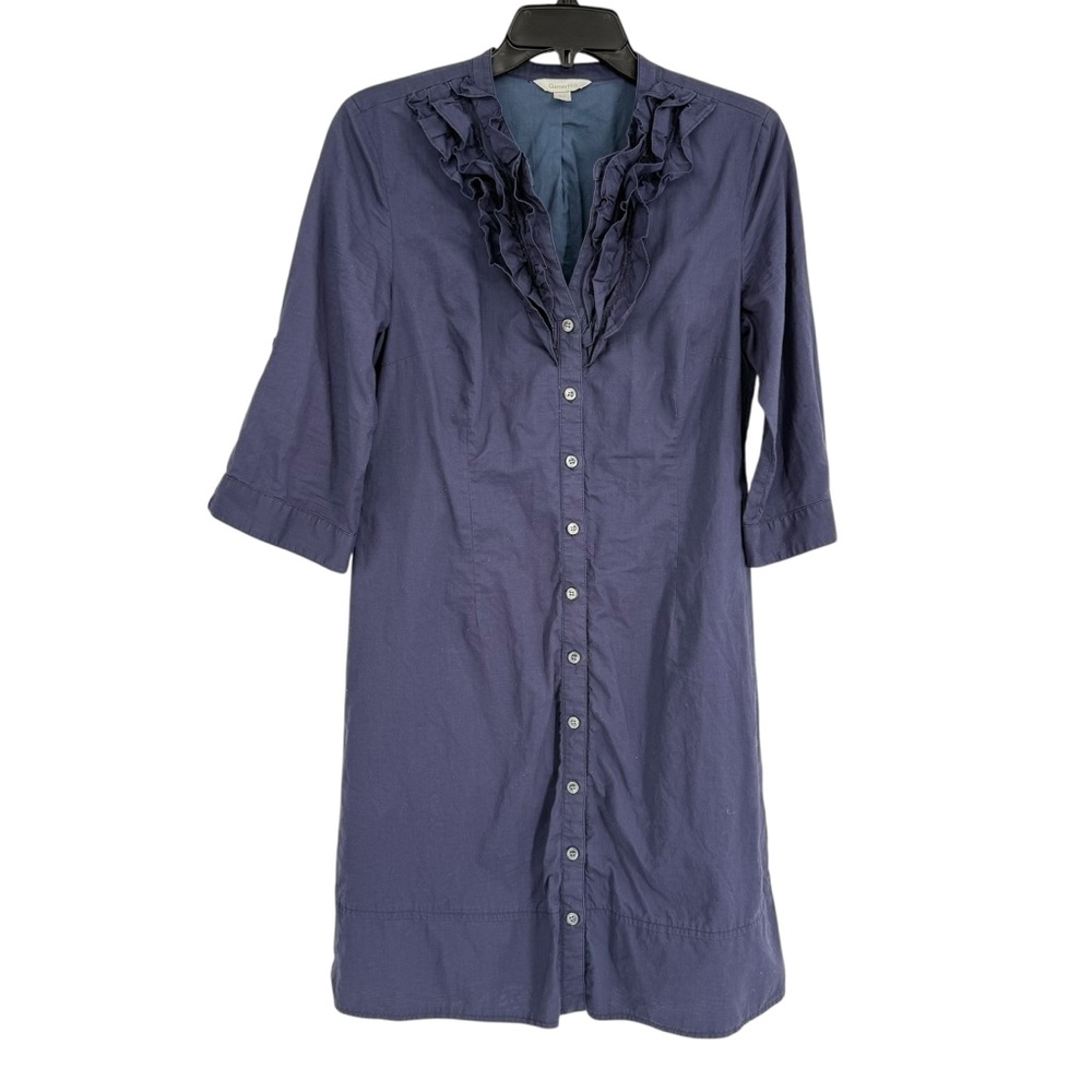 Garnet Hill womens Button Up Shirt Dress size 8 Blue Ruffle Front Cotton